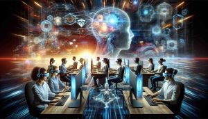 A high-definition, realistic illustration showcasing the revolutionary impact of next-generation Artificial Intelligence on the technological world. The scene could include a dynamic background full of abstract digital elements representing AI processes, data streams and futuristic tech innovations. In the foreground, symbolise AI with diverse group of individuals (male, female of various descents like Caucasian, Hispanic, Black, Middle-Eastern, South Asian) working together on high-tech computer setups, possibly wearing futuristic digital glasses or VR headsets. These individuals should look engrossed in the task, signifying the collaboration between human minds and artificial intelligence.