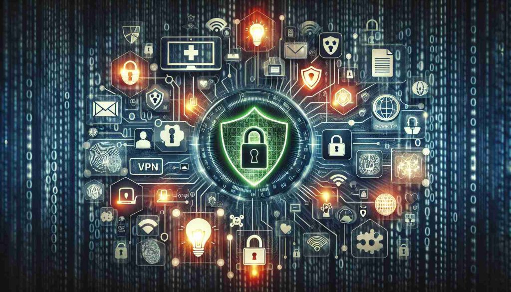 A high-definition imagery that showcases the concept of online privacy protection. Picture a collage composed of various symbolisms related to cybersecurity. Features might include a secure HTTPS padlock, a two-factor authentication shield, a strong, masked password, a digital fingerprint scan, a VPN logo, an incognito browser icon, and a firewall. In the center, display a glowing shield symbol representing protective measures. Overlay the illustration with faded binary codes, demonstrating digital communication. Furthermore, integrate the concept of 'essential tips' embodied as bright, glowing lightbulb icons dispersed across the composition.