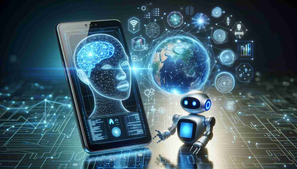 A high-definition, realistic image displaying the concept of revolutionizing artificial intelligence in mobile technology sector. Imagine a sleek, modern, handheld device with an interactive holographic screen, projecting complex algorithms and neural networks illustrating AI. Beside it, an AI-powered robot assistant interacts with the device. To signify global influence, let's include symbols of digital communication and global connectivity in the background. Please refrain from including any logos or brands.