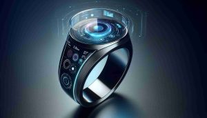 Create a realistic, high-definition image of a futuristic smart ring. Showcase the advancements of wearable technology, with the ring displaying features like a holographic screen, touch-sensitive surface, and sleek design. Use lighting and perspective to highlight the innovative features and the craftsmanship involved in its design.