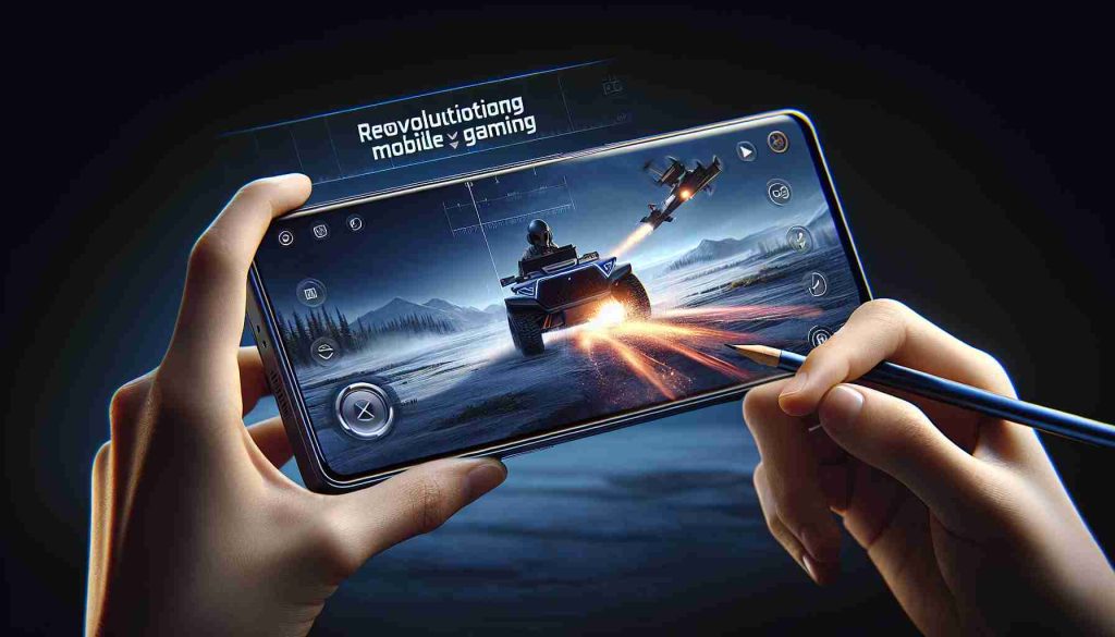 Create a detailed and realistic HD image of an innovative new gaming smartphone, highlighting its unique features that revolutionize mobile gaming. It has a sleek design with a large high-resolution screen, high-performance graphics technology, an ergonomic shape for a comfortable gaming experience, and specialized gaming buttons. The smartphone is demonstrated with an advanced mobile game running on the screen.