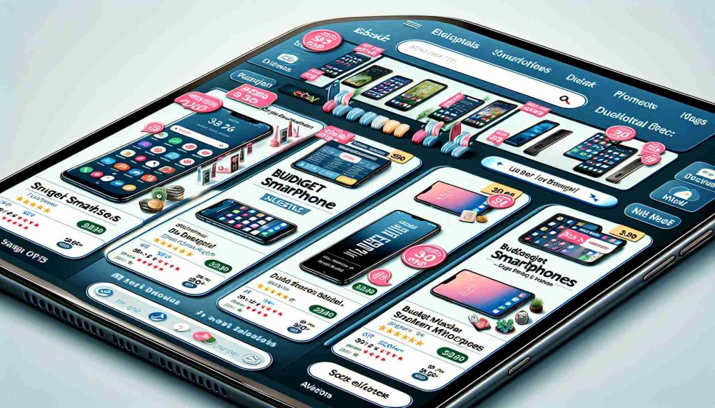 A well-detailed, realistic illustration of an online market platform showing a section dedicated to the latest deals on budget smartphones. It showcases a variety of smartphone models from different brands, all priced affordably. The layout has a user-friendly design, with tabs and buttons that aid easy navigation through the platform. Additionally, discounts, promotional offers, and ratings for each device are clearly visible. It's important to note that this should not be an illustration of eBay but an anonymous online marketplace.