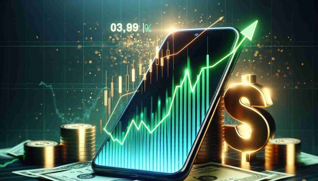 An HD image of a photorealistic stock market chart showcasing an upward trend in 'Fruit Tech Inc' shares. It symbolizes the company's strong sales of a new smartphone model. The rising line on the chart is bright green, with significant spikes indicating high trading volume. In the background, there's a gleaming gold dollar symbol, representing the company's monetary success.