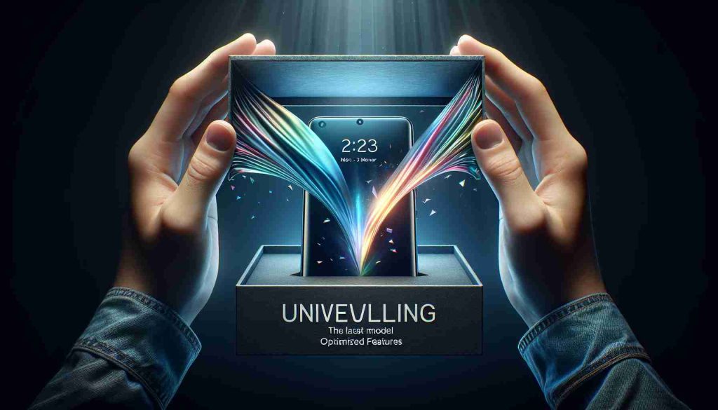 Create a high-definition, realistic image of the unveiling event for a cutting-edge, unnamed smartphone. The latest model with optimised features of the phone is being revealed. Emphasize the sleek design, high-tech capabilities and advanced features of the device. Note the excitement and anticipation of the event surrounding this new piece of technology.