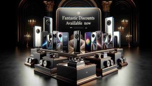 A high definition image showcasing a luxurious setting with a variety of premium, high-end smartphones arranged in a creatively polished manner. Each phone has a gleaming surface reflecting the surrounding opulence. Prominently displayed on a bold, sophisticated banner are the words 'Fantastic Discounts Available Now', delivering the message of affordability amidst the grandeur.