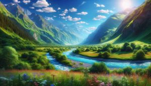 a realistic HD photo of a lush, green valley with a river running through it, under a clear, blue sky with a few scattered clouds. Tall, majestic mountains provide a stunning backdrop to this scene. Wildflowers of various colors dot the valley, adding a burst of colors. The azure river glistening under the sunlight creates a mesmerizing sight.