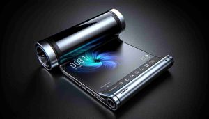 A realistic, high-definition image of a futuristic, innovative rollable smartphone. The device features a sleek design with seamless edges. Its key characteristic is a screen that can be extended and retracted, revolutionizing the concept of portable technology. Please visualize the phone partially rolled up to showcase this unique feature. The phone comes in a cool metallic color with a glossy finish, and shows a vibrant display on the screen. This technological marvel redefines the user's smartphone experience with its versatile form factor.