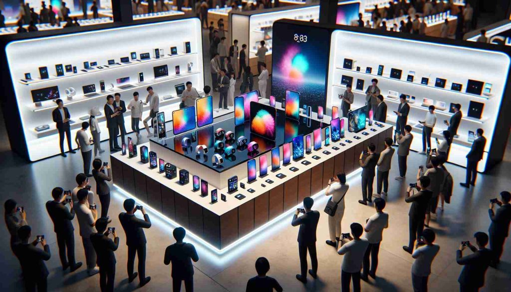 A realistic, high-definition image depicting a set of newly unveiled electronic products by a popular tech company. They are displayed during a launch event in a showroom in South Korea. The products vary - from smartphones and tablets to wearables and smart home devices. The room is bustling with energy as guests curiously explore and take snapshots of the new releases. The colors, textures, and designs of the products are clearly and vividly captured.