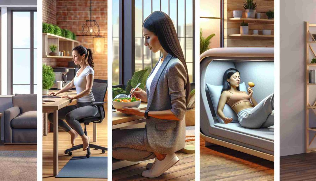 Realistic, high-definition image showcasing various aspects of self-care for women in three different professional settings. In the first scene, a Caucasian woman in her home office is practicing yoga during a break from work. On the flip side, a Hispanic woman is cooking a healthy meal in a corporate kitchen. Lastly, a Middle-Eastern woman is taking a power nap in a specially designed nap pod in a shared co-working space. These scenes portray the different ways working women are prioritizing self-care.