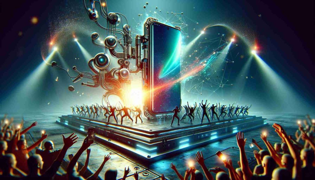 Conceptual image of a strikingly futuristic technology device with revolutionary features, being launched by a well-known tech company. The setting screams excitement with an energetic crowd, flashing lights, and an electric ambiance. Make sure the image is presented in high-definition and brings out the anticipation and euphoria associated with such tech launches.