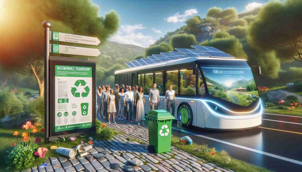 A high-definition realistic image that depicts an innovative approach to travel with an emphasis on sustainable tourism. The scene includes a solar-powered electric bus, welcoming its diverse passengers of different genders and descents, ready to embark on a green journey. To the side, a recycle bin can be seen, encouraging travelers to discard their trash responsibly. Nearby, an information board details ways for tourists to minimize their carbon footprint. Surrounded by lush foliage and vibrant wildlife, the setting is a testament to the harmonious relationship between tourism and nature.