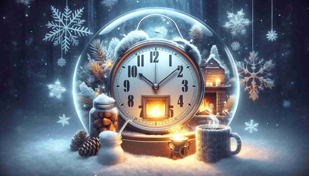 Generate a realistic, high-definition image that represents the concept of embracing the shift of time during winter. Show a digital clock changing from one hour to another reflecting the adoption of Daylight Saving Time. Surround it visually with symbols of winter such as snowflakes, a cozy fireplace or steaming mugs of hot chocolate.