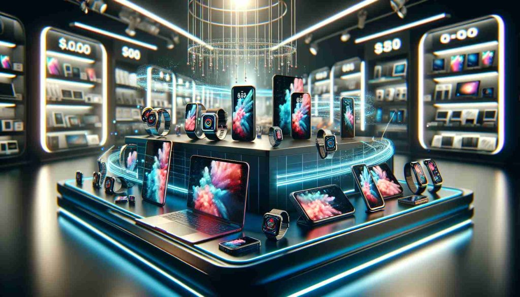 High-definition image depicting a scene of modern technology products on sale. Visualize a showcase of sleek laptops, latest smartphones, smartwatches, and other electronic devices with discounted price tags. The setting is a tech store with bright LED lights and high-tech ambiance.