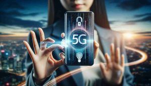 High-definition, realistic image that portrays the concept of unlocking the potential of 5G technology on a modern smartphone. The smartphone should be sleek, cutting-edge design held by a hand of an Asian female. The screen of the smartphone should display a graphical representation of 5G signal strength and perhaps some data flowing or streaming because of the high-speed connection. The background could be a cityscape, emphasizing the urban use of 5G connectivity.