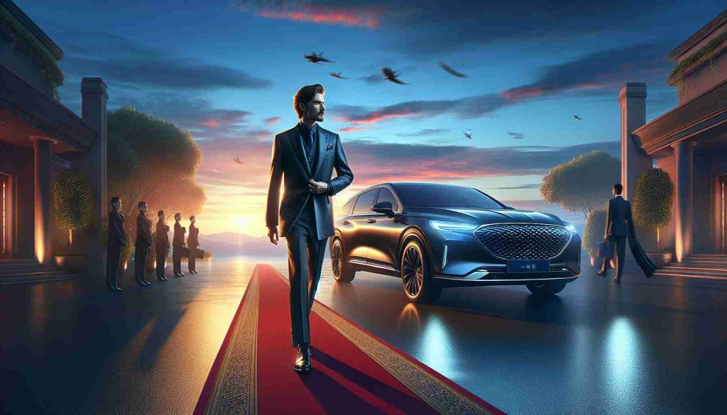 An image displaying a sophisticated arrival scenario named 'The New Horizon'. The foreground to portray Elegance; an individual characterized by poise and refined elegance, stepping out of a sleek, stylish vehicle. The background to present a serene dawn setting, beautifully painted with hues of blue, pink and orange. Ground details to include a red carpet leading towards a grand entrance. Ensuring to capture subtle elements such as the individual's confident expression, carefully styled attire and the light reflecting off the vehicle's polished exterior for a vivid, HD quality representation.