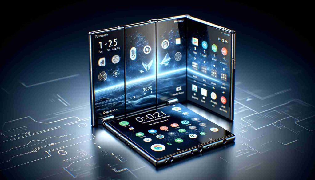 A realistic, high-definition image of a concept for a triple-fold smartphone, set against the backdrop of the year 2025. The smartphone design is imagined to be highly innovative, featuring two folding points, allowing it to transform from a compact, single screen device to a larger, tablet-like display when unfolded. Notable features include a brilliant display, sleek buttons, state-of-the-art camera, and innovative folding mechanism. It is surrounded by indications of advanced technology signifying the futuristic setting. Please do not include any copyrighted logos or identifiable trademarks.