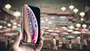 Create a realistic, high-definition image of an iPhone 16, with precise detailing on its sleek design and modern features, juxtaposed against a background that signifies the Asian markets. The background can include common Asian symbols like paper lanterns, bustling street markets or traditional architectural elements. Please note, this image symbolizes the challenges faced by the brand in these markets.