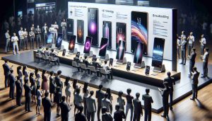 High-definition, realistic image showing an array of modern smartphones in various stages of being revealed, with a focus on features and technologies that represent new trends in the Chinese market. Include devices showing innovative designs, advanced technology like 5G, AR capabilities, and groundbreaking user interfaces. The setting should be a technology trade show floor, with interested onlookers of various descents including Caucasian, Hispanic, Black, Middle-Eastern, and South Asian, equally distributed, taking notes, discussing, and studying the smartphones.