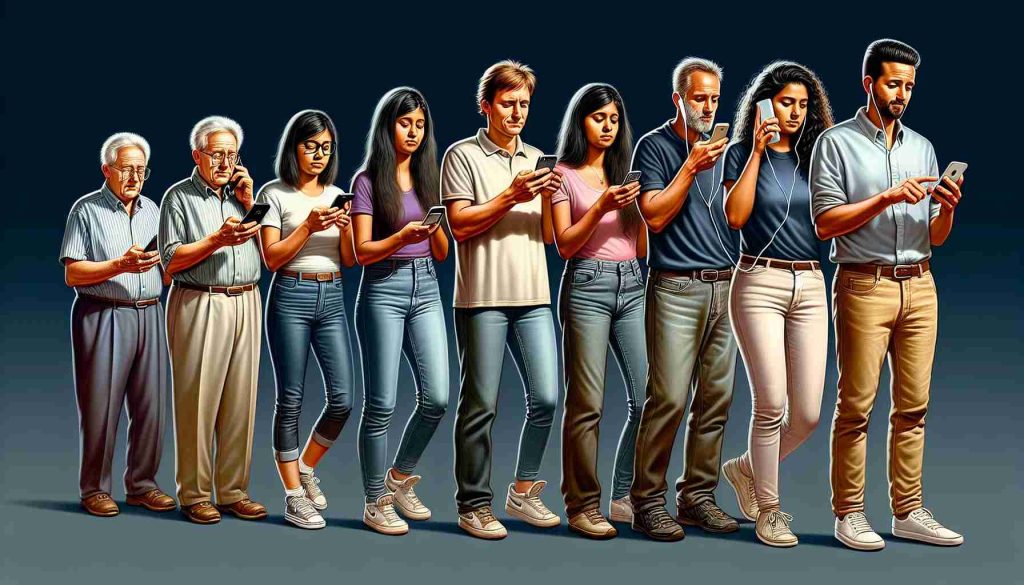 A high-definition, realistic illustration showcasing the progression of smartphone usage in the contemporary era. The image should start with a basic flip phone in someone's hand - preferably a middle-aged, Caucasian man in casual clothes. The middle represents a shift, with a South Asian woman in her 20s using an early touchscreen device. The end presents the latest smartphone model being used by a Hispanic teenager. Each segment should reflect the environment, clothing, and lifestyle of the era where these devices were popular. The aforementioned individuals should be clearly immersed in their respective eras.