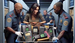 A realistic high-definition depiction of a woman, of South Asian descent, who has been apprehended while attempting to sneak past customs with 46 vintage cellular phones concealed in her shopping cart. The scene should be filled with subtle tension as customs officers, a Caucasian male and a Black female, discover the hidden stash amongst her other purchases. The phones vary in make and model, each one a relic from the pre-smartphone era.