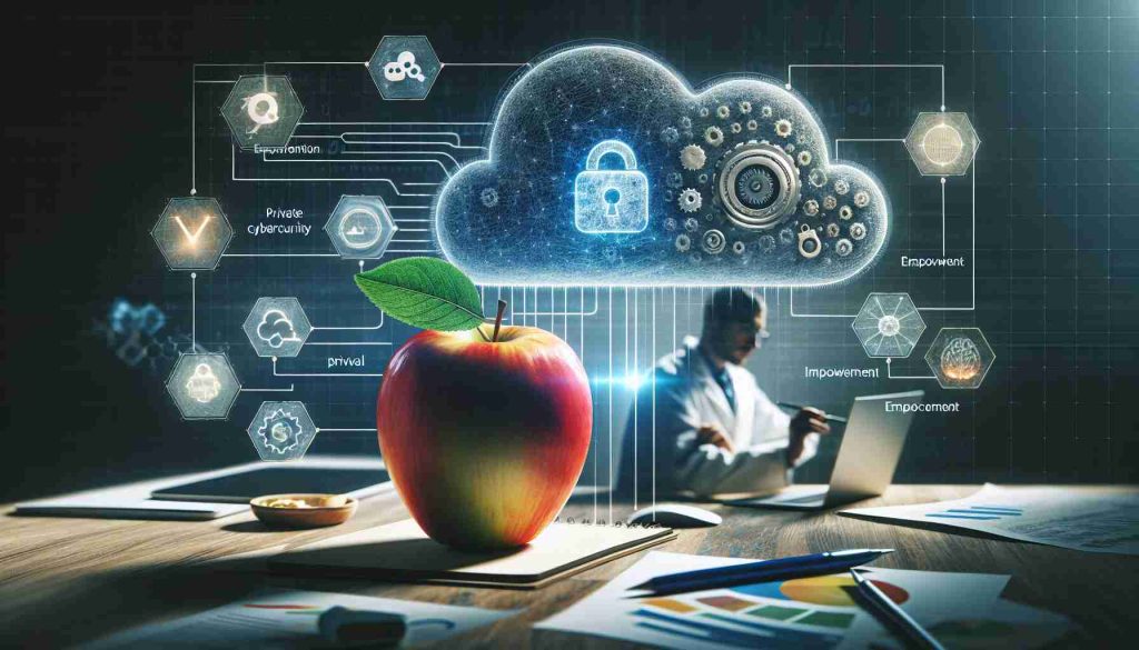 A high-quality, realistic portrayal of the concept of Incentivizing Top-notch Cybersecurity: with the focus on a piece of an apple symbolizing empowerment, a researcher busy at work in a digital environment and symbols representing private AI cloud security.