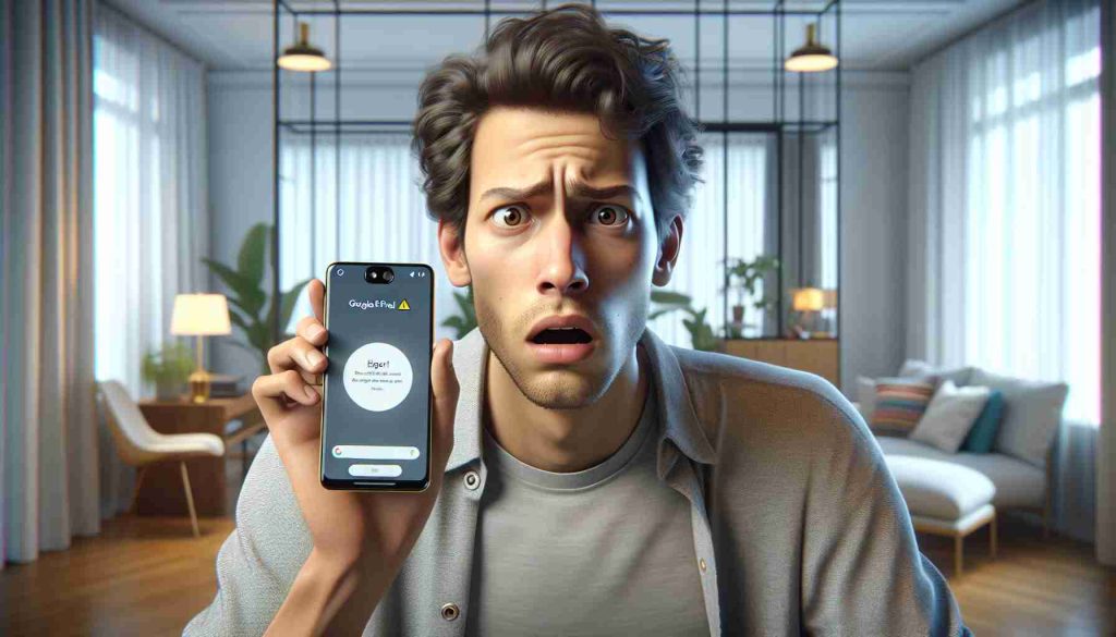 A high-definition, realistic image showcasing the experience of Google Pixel 6 users who are reportedly facing unexpected device freezes following their Android 15 update. Display frustration and surprise on the face of a Caucasian young man holding his Pixel 6, the screen of which displays an error message. Background elements should suggest a modern indoor setting, perhaps a home office or a living room, with some light coming in through a window.