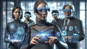 Realistic and high-definition image of futuristic wearable technology that goes beyond the capabilities of smartphones. This could include elements like advanced smart glasses with augmented reality features, wearable health monitoring devices, and advanced clothing that can interact with digital devices. The devices are being demonstrated by a diverse group of individuals, including a middle-aged Caucasian woman, a young Hispanic man, and an elderly South Asian man, each engaging with the tech in their own unique way. The setting is a sleek and modern technology showcase.