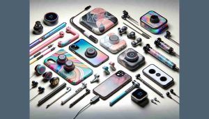 A high definition, realistic illustration featuring an array of trendy mobile accessories. It includes colorful earbuds, sleek phone cases with unique abstract designs, pop sockets in a variety of patterns, selfie sticks with modern aesthetics, charging docks with contemporary finishes, and portable power banks with digital indicator. The objects are scattered in a way that emphasizes their individual beauty yet they are arranged harmoniously to represent the rise of their trends.