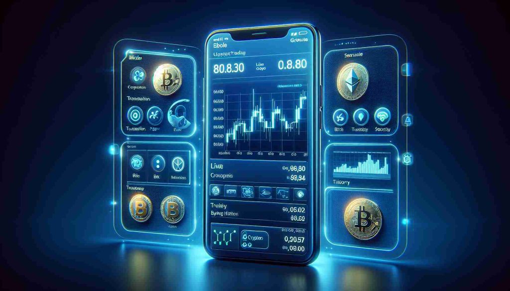 Generate a realistic high-definition image of a newly launched cryptocurrency trading application. It should display features like live price charts, transaction history, seamless buying and selling options, advanced security measures, and a user-friendly interface. The app should appear modern, intuitive, and should communicate a sense of reliability. Please also include some variety of cryptocurrencies like Bitcoin, Ethereum, and newly introduced ones. The overall color scheme should be professional and visually appealing.