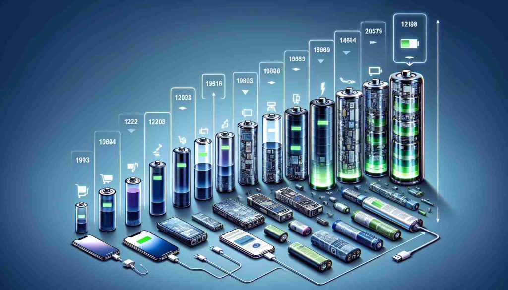 Generate a high-definition, realistic illustration showing the evolution of smartphone battery life. Begin with images of the earliest smartphone models, portraying small and inefficient batteries, then progress to modern smartphones with larger, more advanced batteries. Include visual representations of common battery life issues, like rapid power drain and slow charge times, alongside breakthroughs such as quick charging and improved energy efficiency. Use clear and concise labels to detail the transformation over time.