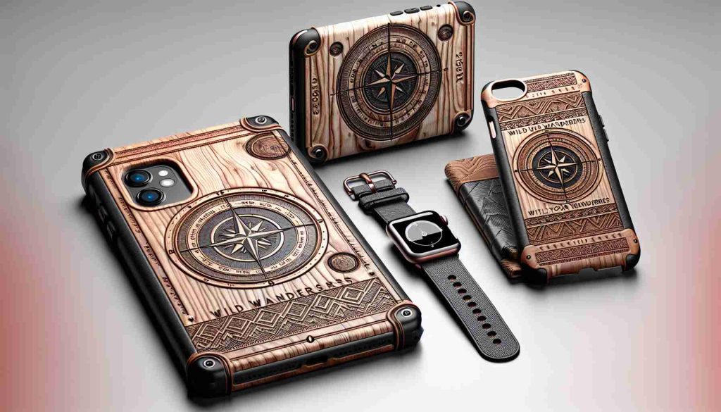 Render a realistic, high-definition image of a new range of tech accessories inspired by adventure and wilderness. The collection is named 'Wild Wanderers'. Each item within this line should reflect elements of the great outdoors, possibly incorporating designs or motifs such as intricate wood grain detail, compass designs or topographic map patterns. The accessories may include items such as phone cases, laptop sleeves, headphones and smartwatch straps. Every item should denote a sense of exploration and adventure while upholding their technology-oriented function.