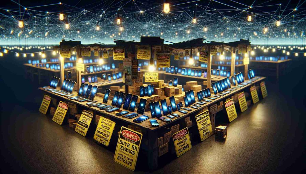 A hyper-realistic image representing the concept of 'Beware of Counterfeit Smartphones Sold Online'. The image should depict a dimly lit stall at a bustling virtual market, lined with numerous smartphones that lack brand logos. They have a suspiciously generic appearance and some come with noticeably poor workmanship such as ill-fitted screens or mismatched parts. Show signs dotted around the stall with warnings like 'Buyer Beware' and 'Online Scams' in diverse languages. In the background, show a vast, complicated network representing the internet, tangled and glowing brightly in contrast to the dimly lit foreground.