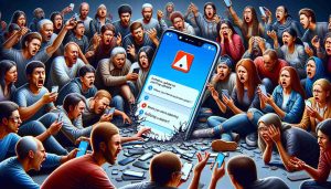 A high-definition, lifelike illustration of a chaotic scene caused by the latest software update for a popular modern smartphone. The picture should depict users in frustration, showing their failing devices, with error notifications on their screens. Include both male and female users of various descents such as Caucasian, Hispanic, Black, Middle-Eastern, and South Asian expressing their discontent or confusion.