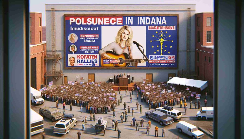 A realistic HD photo depicting the political influence of a popular female singer, identified by her blonde hair and guitar, in Indiana. The scene includes campaign posters, crowded rallies, and marathon telecasts, symbolizing how her words and music make an impact on the sociopolitical landscape of the state.