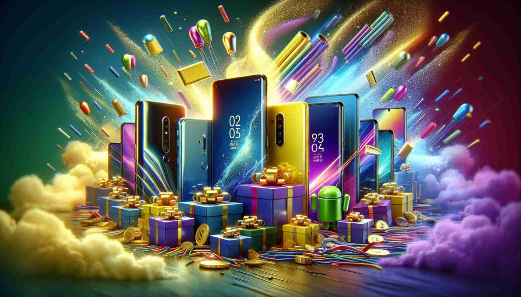 Vivid and lifelike image of great discounts available on high-end Android smartphones during an online festive sale event. The sale event is held on a popular ecommerce platform that showcases a range of products. The image shows the vibrancy of the sales day, the excitement it carries, and the variety of premium smartphones on display for sale.