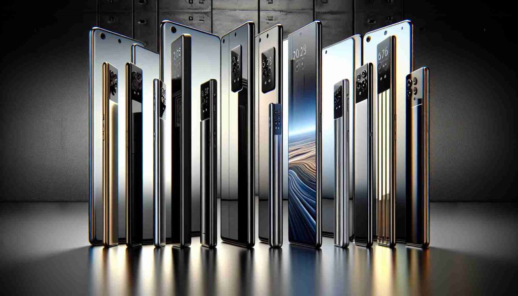 Highest definition realistic image of a revolution in ultra-thin smartphone technology. The image presents an array of futuristic slender phones against a sleek modern backdrop. Their slim profiles highlight the advancement in technology, showcasing thin, flat screens, miniature camera lenses, and ultra-thin bodies. They come in various colors such as black, silver, and gold, reflecting the versatility and function in their design. The phones are portrayed in an aesthetically pleasing way as they attractively sit on a smooth, reflective surface.