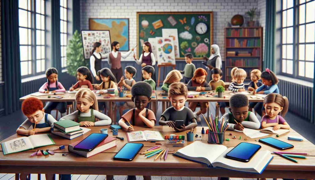 High-definition and realistic image depicting the educational advantages of limiting smartphone usage in a primary school context. Scene shows a diverse group of children from different descents such as Caucasian, Black, Hispanic, and Middle-Eastern, attentively engaged in traditional school activities. They are reading books, painting, discussing class topics, and other educational activities. A couple of smartphones are seen arranged aside, symbolizing controlled and limited usage.