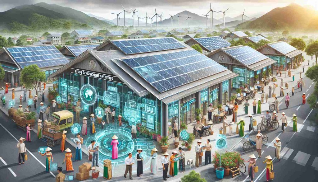 An HD photo presenting the revolution of government systems in a location similar to Bình Thuận Province. Visualize a technologically advanced government building with solar panels on the roof, eco-friendly materials used in construction, and electronics for paper-less operation. Locals of diverse descents, such as Vietnamese and Cham, both men and women, actively using electronic systems for efficient bureaucracy.