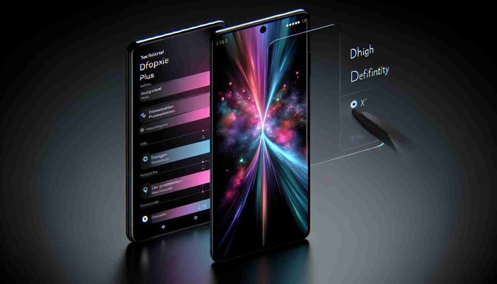 Produce a high-definition realistic image of a newly released, advanced model smartphone, dubbed as the 'K12 Plus'. It should be from a fictional tech brand and display cutting-edge features such as a large, vibrant screen, sleek design, and advanced camera system. This conceptual phone should pronounce an impression of technological sophistication.