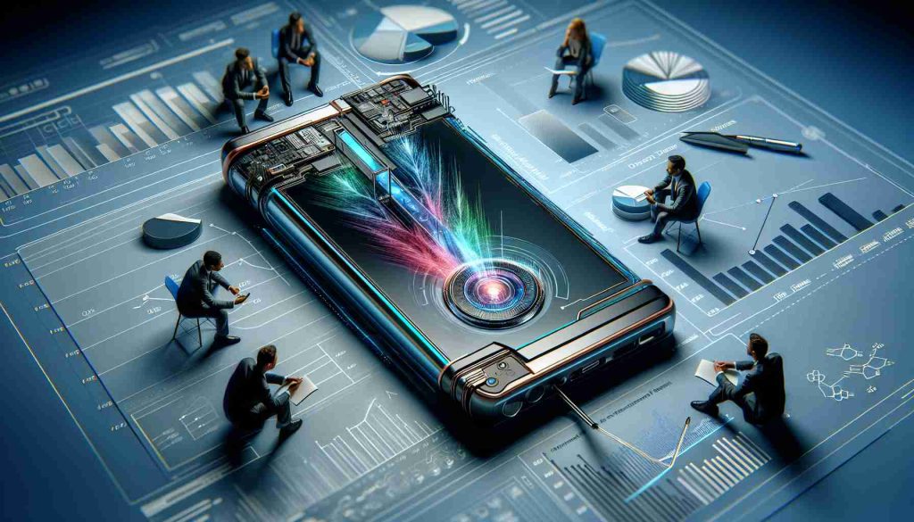 A high-definition, realistic image depicting an innovative technology company disrupting the smartphone market. The scene shows an eye-catching, modern smartphone by the said company, boasting futuristic features. The phone is reinforced with groundbreaking technology set against the backdrop of a rapidly changing market landscape, symbolizing the disruption. It would help to have charts and graphs sketched in the background to illustrate the market shifts provoked by this new entrant. Potential consumers can be seen excitedly discussing and admiring the device, indicating the high anticipation and buzz generated around this new product.