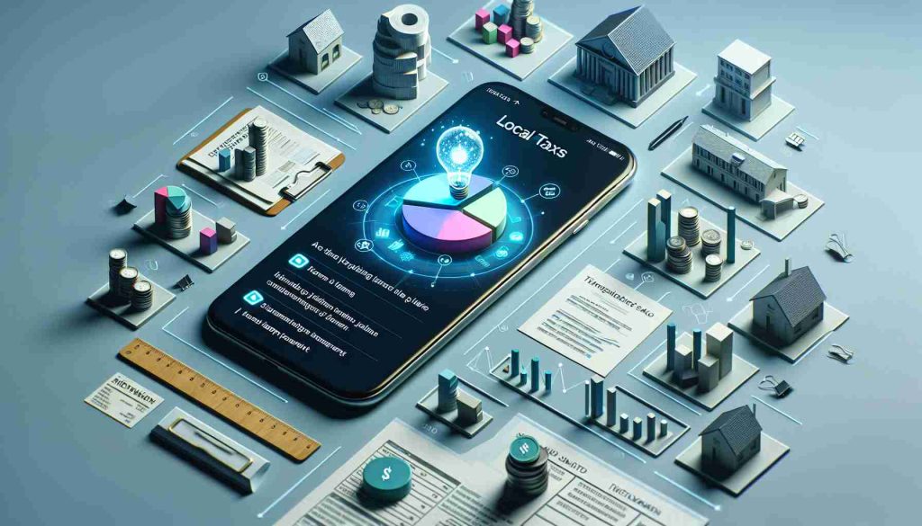 Create a photorealistic high definition scene that showcases a novel, technology-driven solution for local tax payments. Depict the app interface on a smartphone screen, demonstrating its innovative features such as digital tax forms, pie charts clarifying tax usage, and a simplified payment process. Surround the phone with elements representing local taxes such as small-scale infrastructure models, paperwork, government buildings, and community services. Visualize this paradigm shift in the way taxes are handled, demonstrating this creative digital breakthrough.