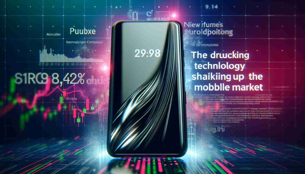 Generate a photorealistic, high-definition image of a modern, groundbreaking mobile device from an innovative technology company, surrounded by news headlines highlighting its disruptive impact on the mobile market with phrases like 'Latest Technology Shaking Up the Mobile Market'. The device should be sleek, with a shiny surface, a large screen occupying most of the front surface, and minimalistic buttons. The background is vibrant with animated stock market graphics.