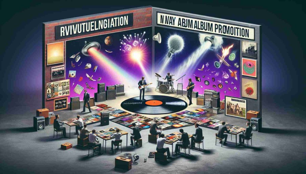 High definition image illustrating the concept of a unique approach to album promotion in the music industry. This showcases an imaginary band revolutionizing the way albums are marketed, mirroring a reality where creative strategies are used that break conventional norms. Include elements such as innovative concert setups, unusual album covers and use of technology.