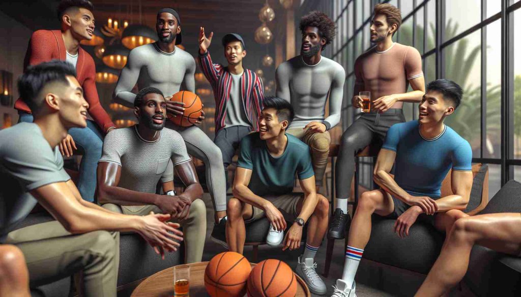 A highly detailed and realistic view of diverse group of young professional basketball players in their free time. They are hanging out at a luxurious indoor place, chatting and enjoying, showing camaraderie. Among them, an African American athlete is talking passionately about something that is capturing everyone's attention, while an Asian player is laughing at a joke shared by a Caucasian colleague. Each of them is wearing casual, stylish clothes, the atmosphere is lively and filled with youthful energy capturing the essence of their off-court social circles.