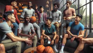 A highly detailed and realistic view of diverse group of young professional basketball players in their free time. They are hanging out at a luxurious indoor place, chatting and enjoying, showing camaraderie. Among them, an African American athlete is talking passionately about something that is capturing everyone's attention, while an Asian player is laughing at a joke shared by a Caucasian colleague. Each of them is wearing casual, stylish clothes, the atmosphere is lively and filled with youthful energy capturing the essence of their off-court social circles.