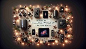 Generate a realistic, high-definition image featuring the Stellar Tech Collection. Visualize a diverse range of latest technology gadgets arranged in a festive setting to indicate the holiday season. It could include everything from smart speakers to high-end laptops and wireless headphones. These should be depicted under warm, twinkling holiday lights, alongside ornamental holiday decorations such as pine cones, mistletoe, and sparkling baubles. Please also add an anthracite background banner to the image with the text 'Introducing the Stellar Tech Collection This Holiday Season' in elegant, white cursive.