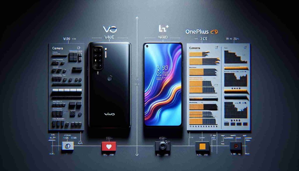 Realistic high definition image displaying a comparison of two unbranded smartphone models, similar to Vivo V40e and OnePlus Nord CE 4, side by side, to highlight the differences and similarities. The focus should be on distinct features such as screen size, camera placement, the texture of the back cover, and any unique design differences. A contrast and comparison chart on the side would detail the specifications of each phone, such as camera megapixels, battery capacity, screen resolution and other distinct features.