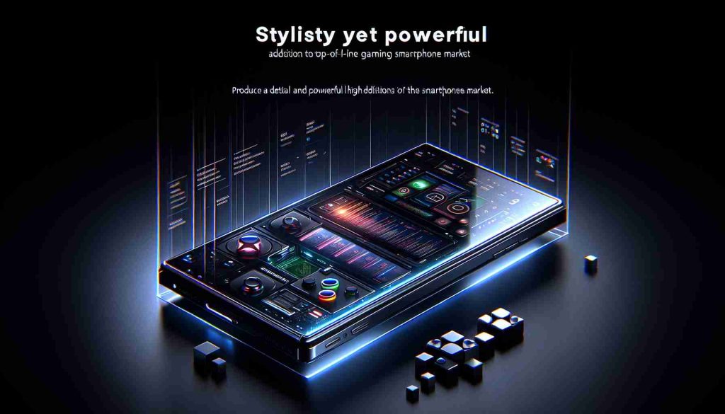 Produce a detailed and realistic high-definition image of a fictional smartphone, billed as the Stylish Yet Powerful Addition to the Gaming Smartphone Market. It should have aesthetic and powerful attributes that are typically associated with top-of-the-line gaming smartphones. Features may include a large high-definition screen, optimized gaming controls, a high-performing processor, and a sleek design aesthetic.