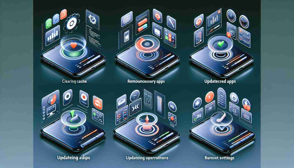 An ultra-high-definition digital image illustrating five different methods for boosting the performance of a generic smartphone. This includes actions such as clearing cache, removing unnecessary apps, updating the operating system, resetting settings, and installing performance-enhancing apps. Each method is depicted alongside a common smartphone, with user-friendly icons or diagrams to indicate the process involved. The image should maintain a professional and informative tone to effectively guide the viewer.