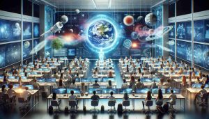 High-definition, realistic image conveying the concept of revolutionizing research and education through advanced technology. Imagine a futuristic, brightly lit classroom filled with diverse students of various genders and different ethnic backgrounds such as Caucasian, Hispanic, Black, Middle Eastern, South Asian. In the center, an holographic projection of Earth orbits with live data streams; around the room, interactive screens displaying cutting-edge research findings. AI robots assist in teaching, processing vast of information in seconds, enhancing the learning experience. The overall scene radiates optimism, demonstrating the power of technology to transform research and educational methods.